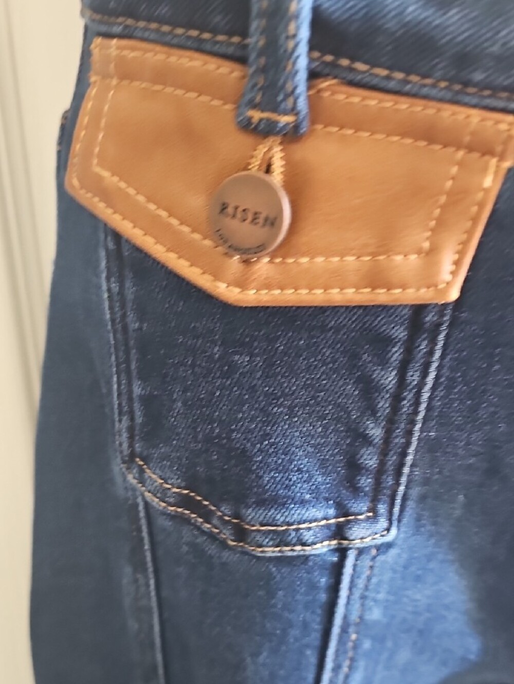 RISEN Deep Indigo Jeans with Tan Patch Detail - Picture 3 of 6